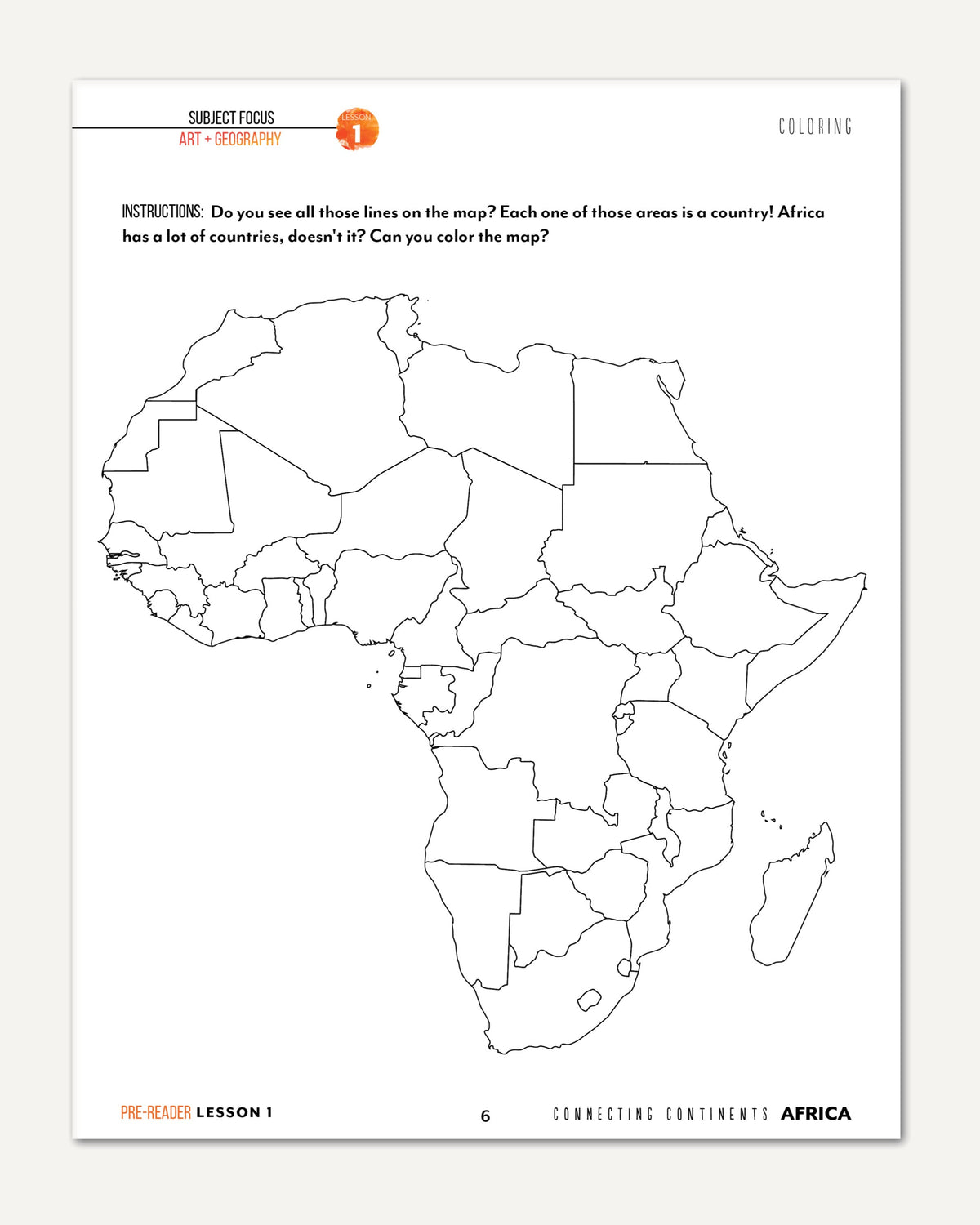 Africa homeschool unit study Printed Pre-Reader Student Book Page