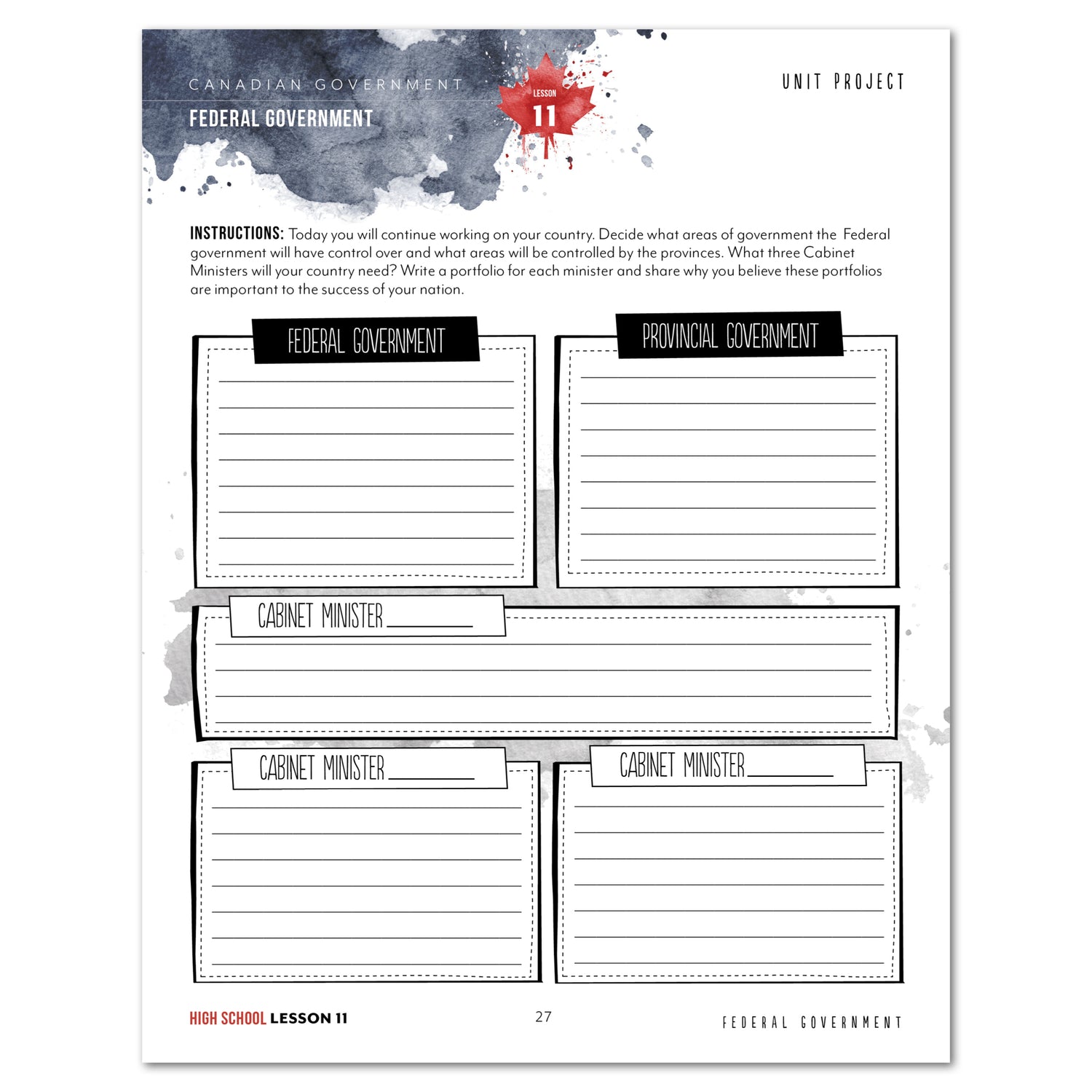 Canadian Government Homeschool Unit Study Printed Middle School Student Book Daily Lesson 11 Unit Project