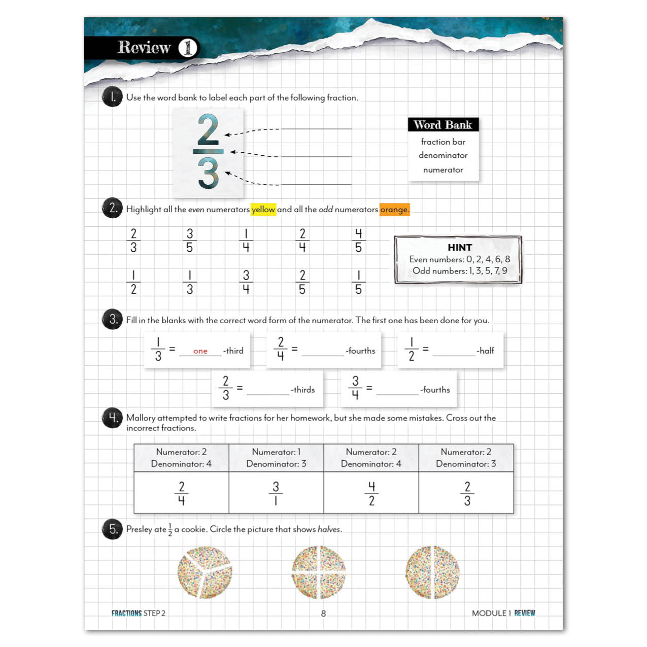 Fractions worksheet review page for Step 2