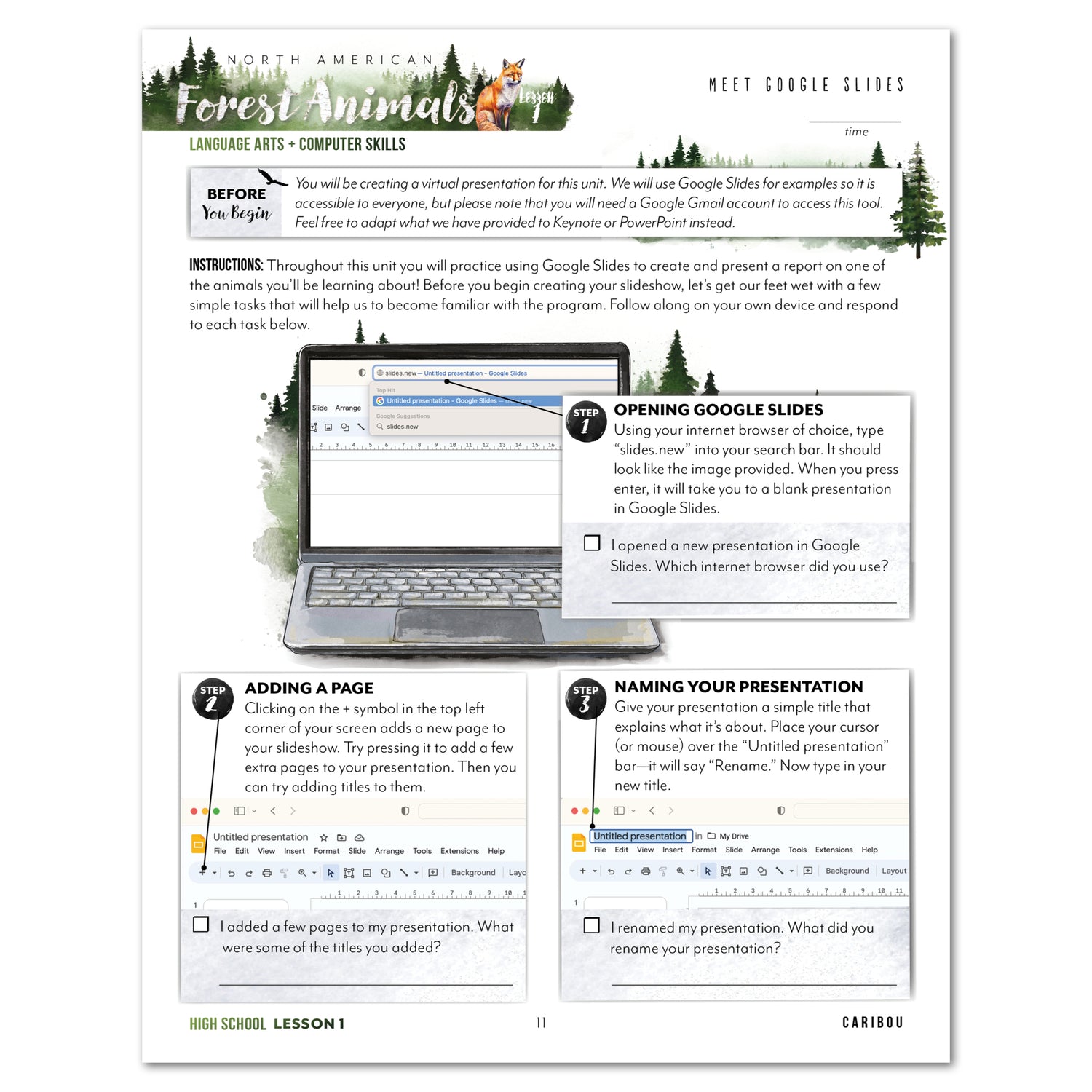 North American Forest Animals homeschool unit study print student workbook high school lesson one