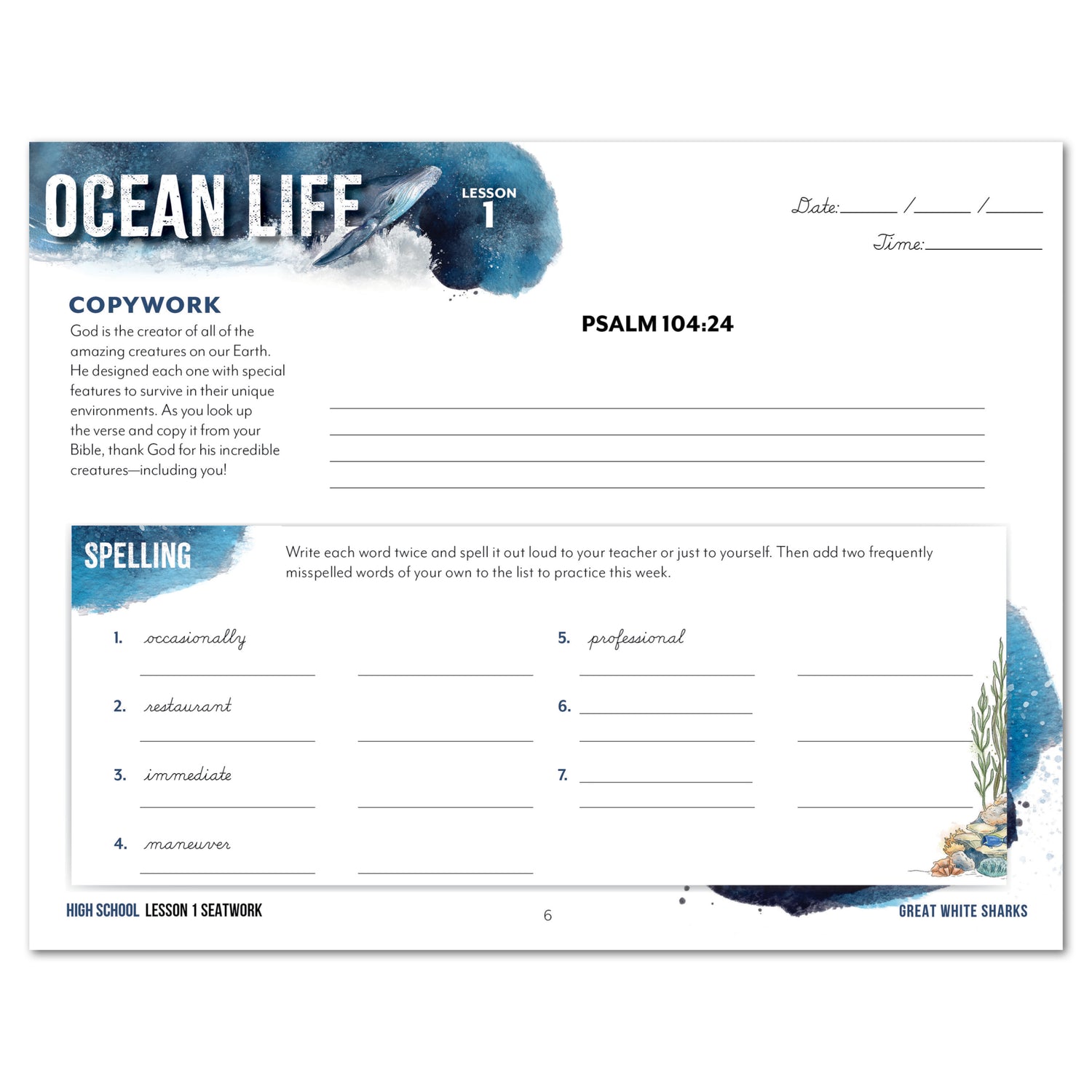 Ocean Life homeschool unit study digital seatwork journal in cursive for high school worksheet
