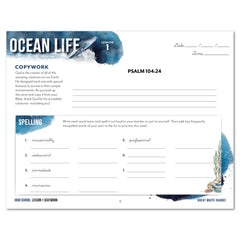 Ocean Life homeschool unit study digital seatwork journal in cursive for high school worksheet