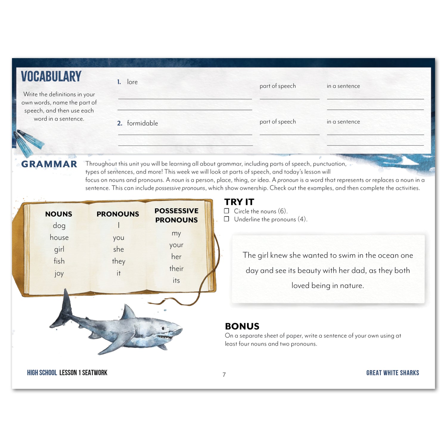 Ocean Life homeschool unit study digital seatwork journal in manuscript for high school worksheet