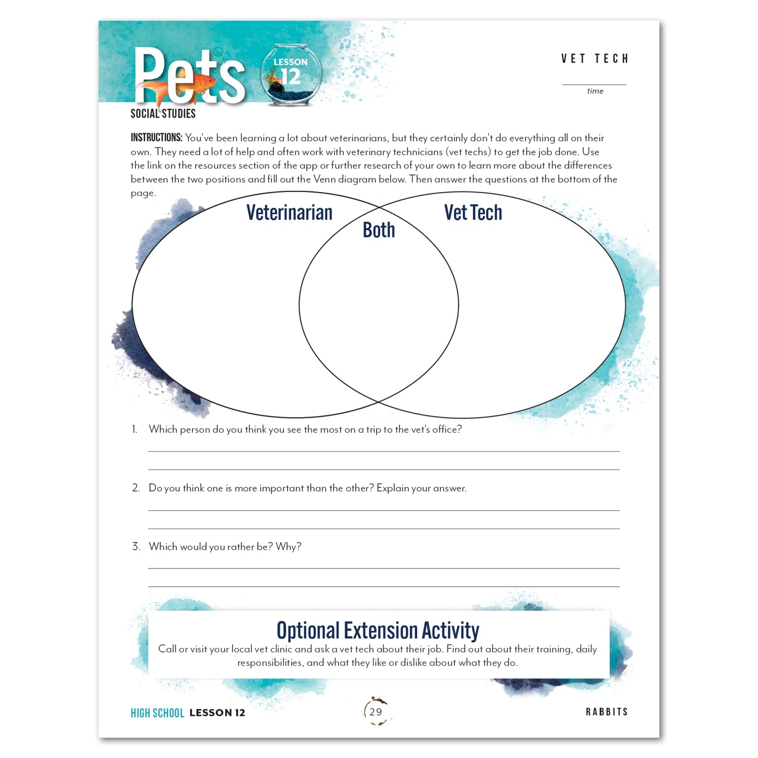Pets homeschool unit study print student workbook high school vet tech worksheet