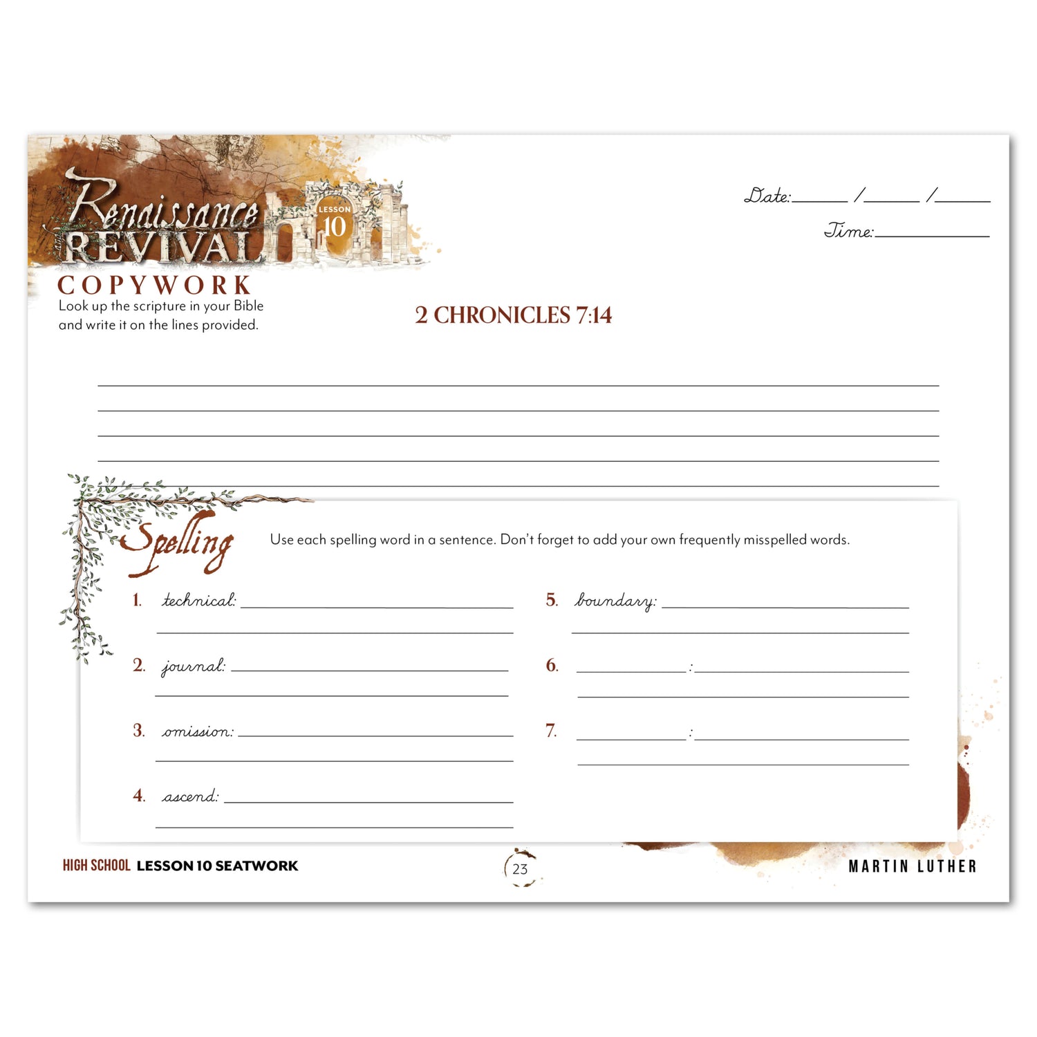 Renaissance and Revival Homeschool Unit Study Printed Seatwork Journal Cursive High School Lesson 10 Copywork and Spelling