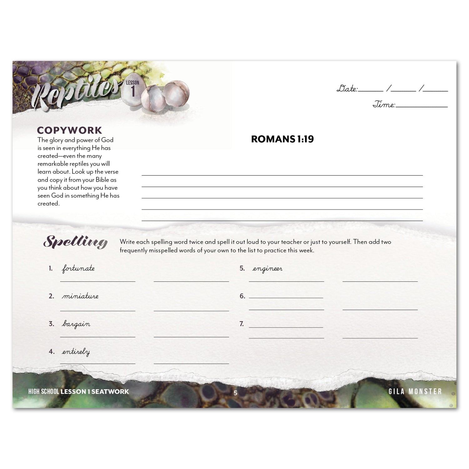 Reptiles homeschool unit study digital student seatwork journal in cursive for High School worksheet
