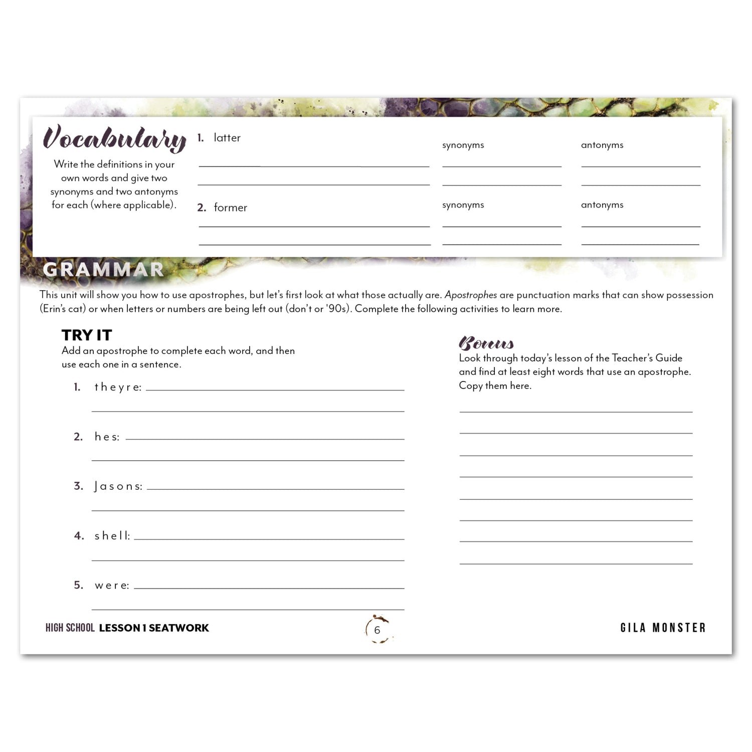 Reptiles homeschool unit study digital student seatwork journal in manuscript for High School worksheet