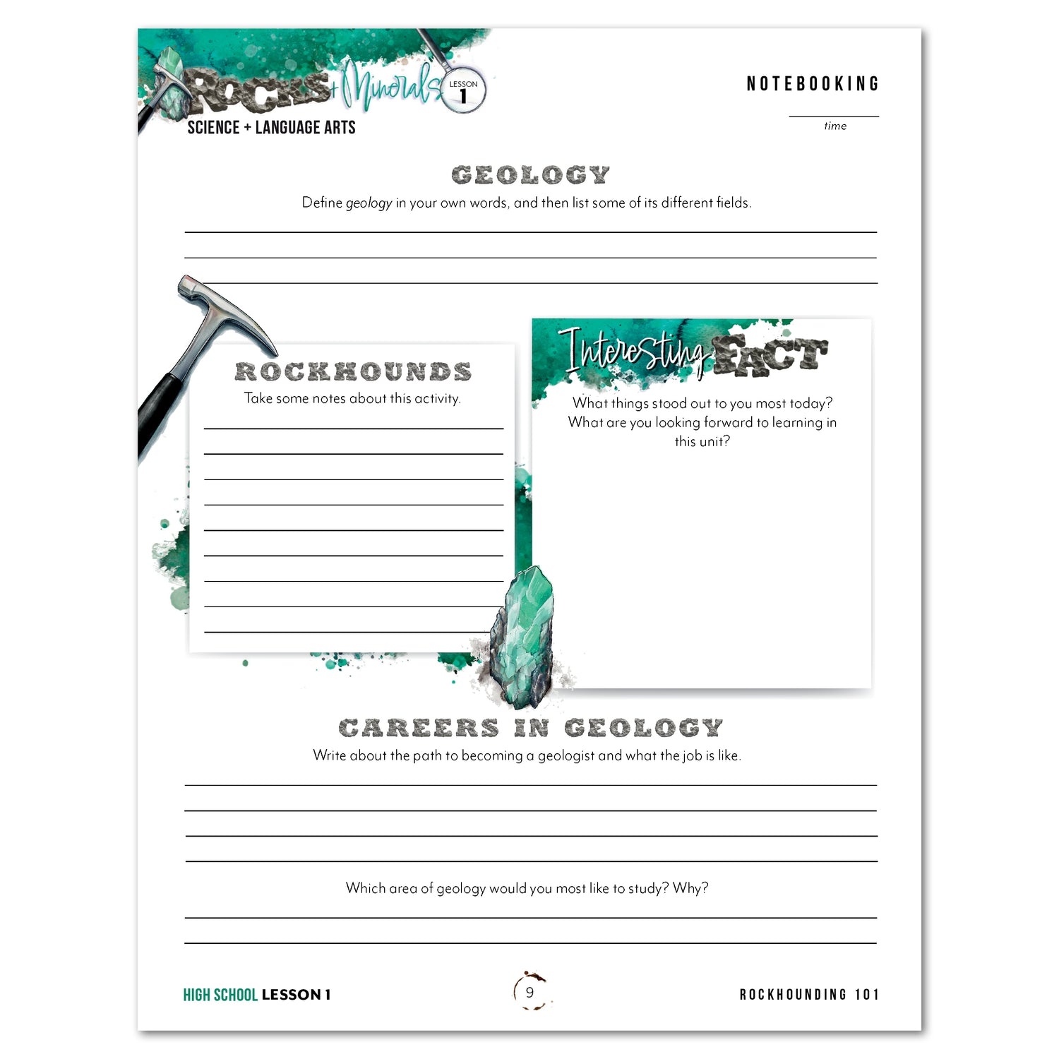 Rocks + Minerals homeschool unit study printed High School  notebooking worksheet