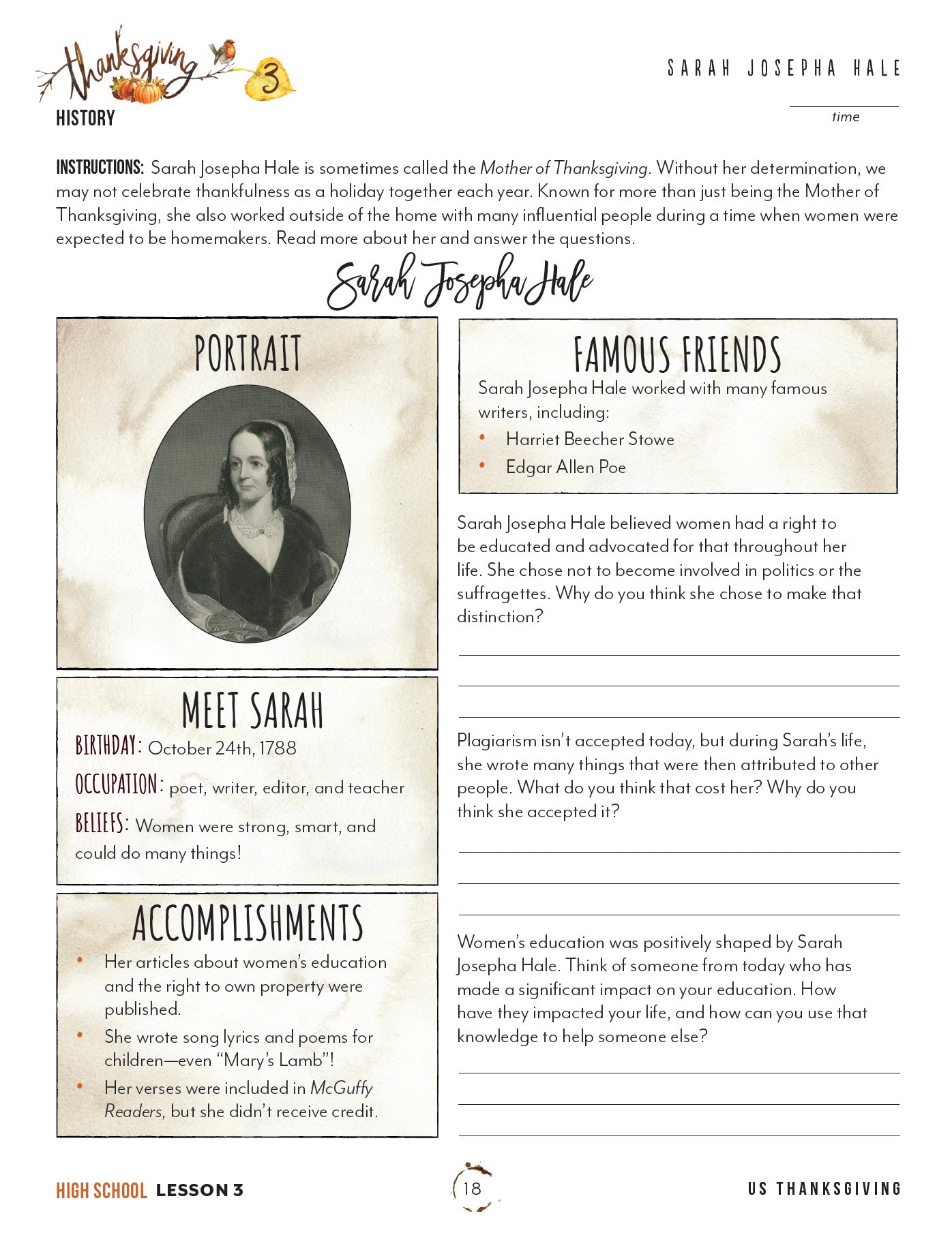 Thanksgiving Homeschool Unit Study Printed High School Student Book Lesson 3 Sarah Josepha Hale