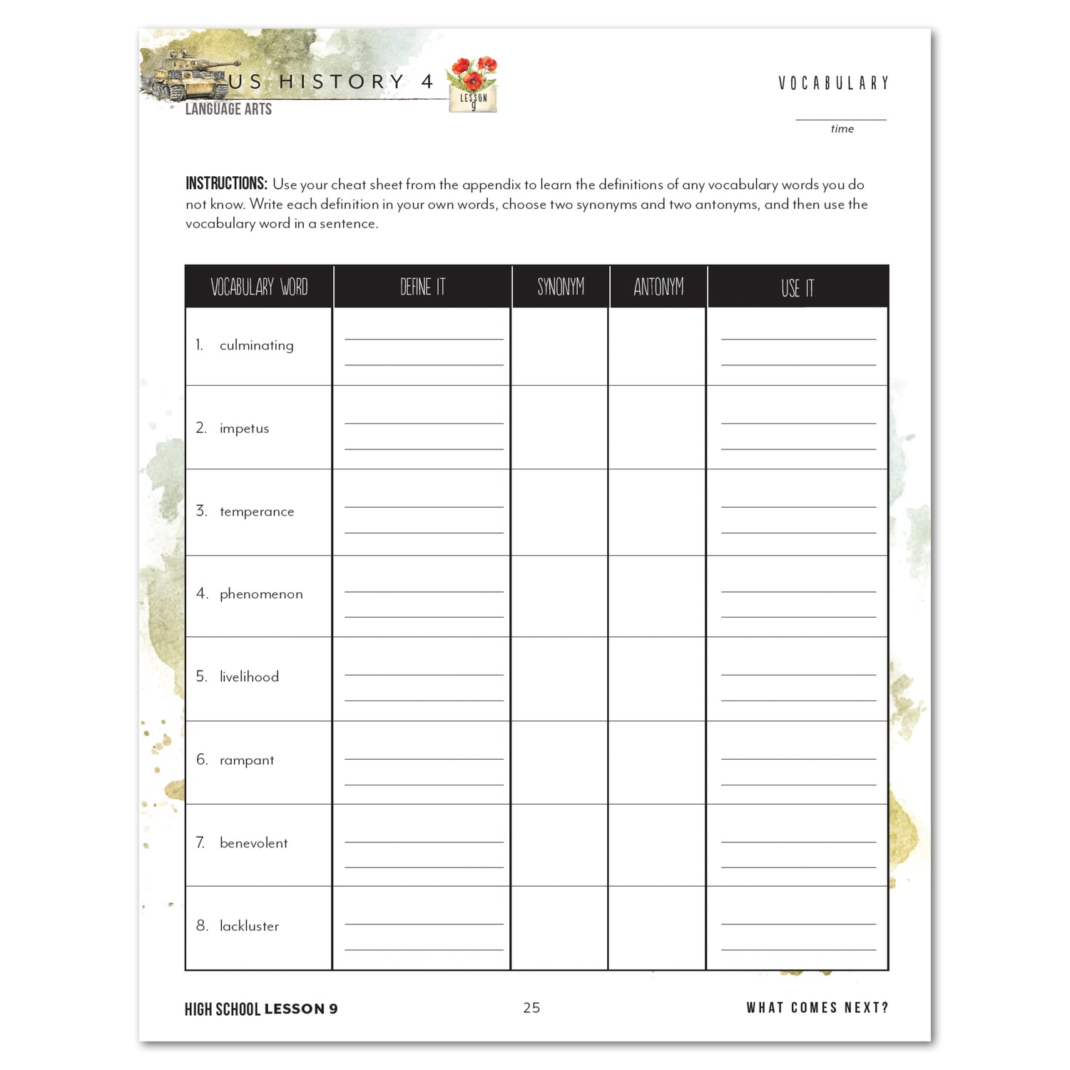 US History 4: War & Reformation: 1900-1945 Homeschool Unit Study Printed High School Student Book Lesson 9 Vocabulary