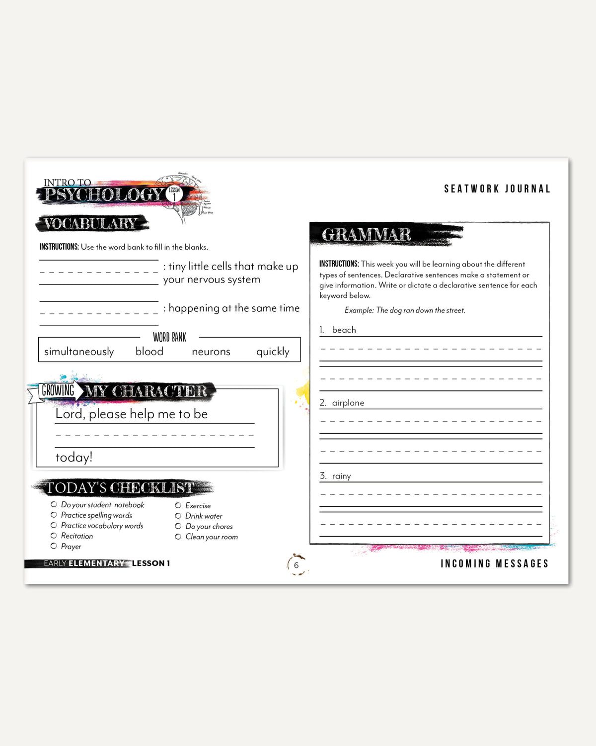 Psychology homeschool unit study digital student seatwork  journal manuscript early elementary worksheet