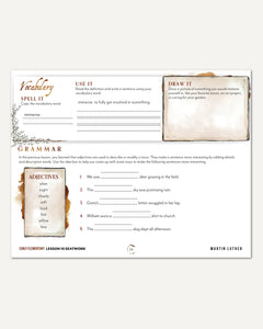 Renaissance and Revival Homeschool Unit Study Digital Seatwork Journal Manuscript Early Elementary Lesson 10 Vocabulary and Grammar