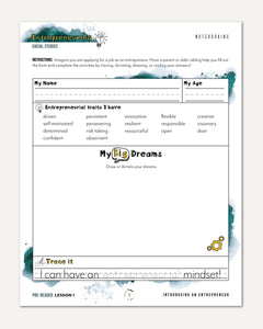 Entrepreneurship Homeschool Unit Study Digital Pre-Reader Student Book Lesson 1 Notebooking