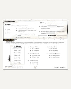 Music homeschool unit study digital student seatwork journal in manuscript for early elementary lesson one