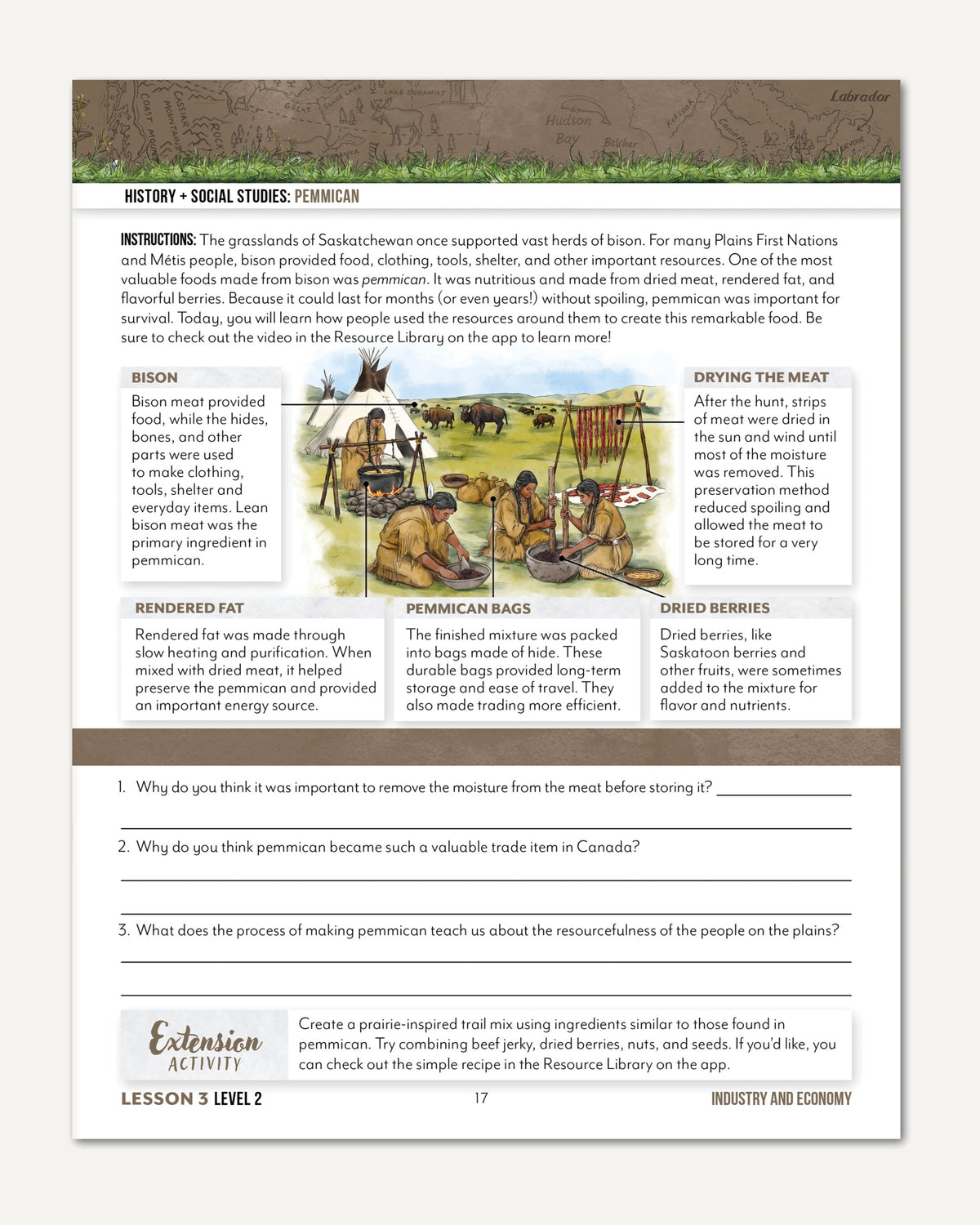 An educational worksheet page titled 'History - Social Studies: Pemmican' with a small historical illustration at the top, instructions, labeled diagrams, and a question section at the bottom.