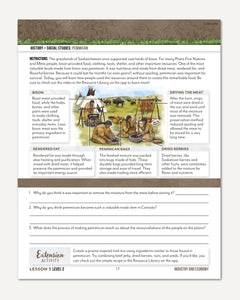 An educational worksheet page titled 'History - Social Studies: Pemmican' with a small historical illustration at the top, instructions, labeled diagrams, and a question section at the bottom.