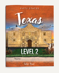 Book cover featuring an illustrated Alamo scene, the words 'FIFTY STATES TEXAS LEVEL 2,' and a name field at the bottom.