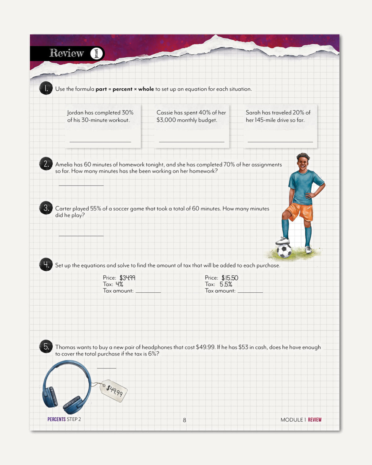 A printed worksheet page titled 'Review' with math word problems, a purple torn-paper header, a small soccer player illustration, and a headphone graphic near the bottom on a white page with faint grid lines.
