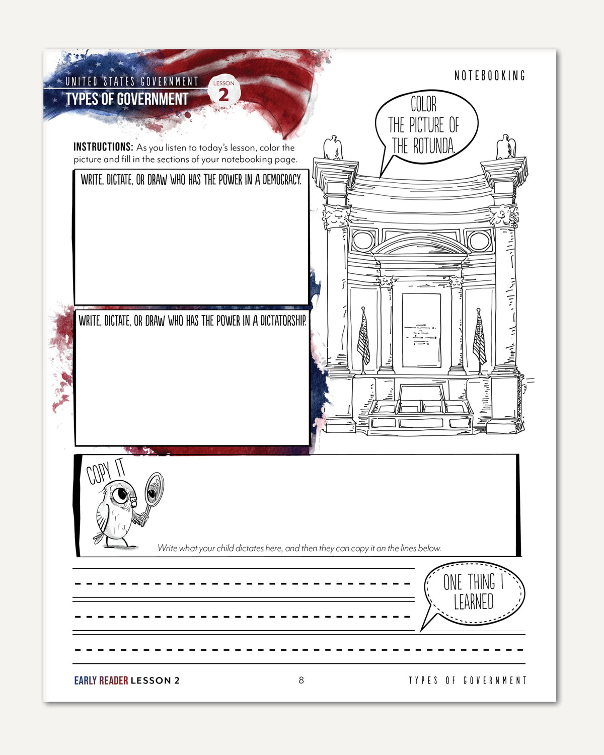 US Government Homeschool Study Unit Digital Printed Early Reader Student Book Lesson 2 Notebooking