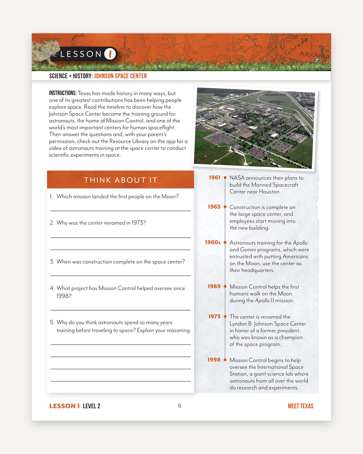 An educational worksheet titled 'LESSON 1 - HISTORY: JOHNSON SPACE CENTER' with text blocks, a small space-center photo, and an orange 'THINK ABOUT IT' activity box on a white page.