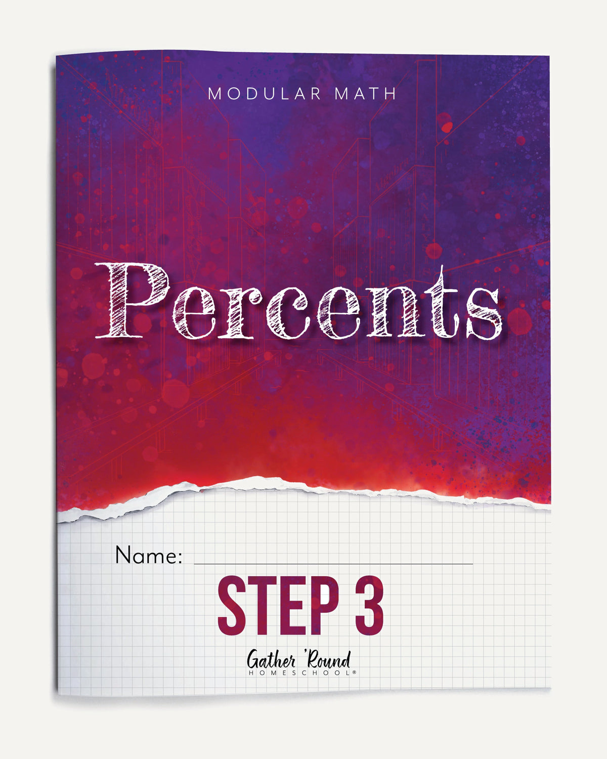 Book cover of 'Modular Math: Percents Step 3' with a red and purple gradient.