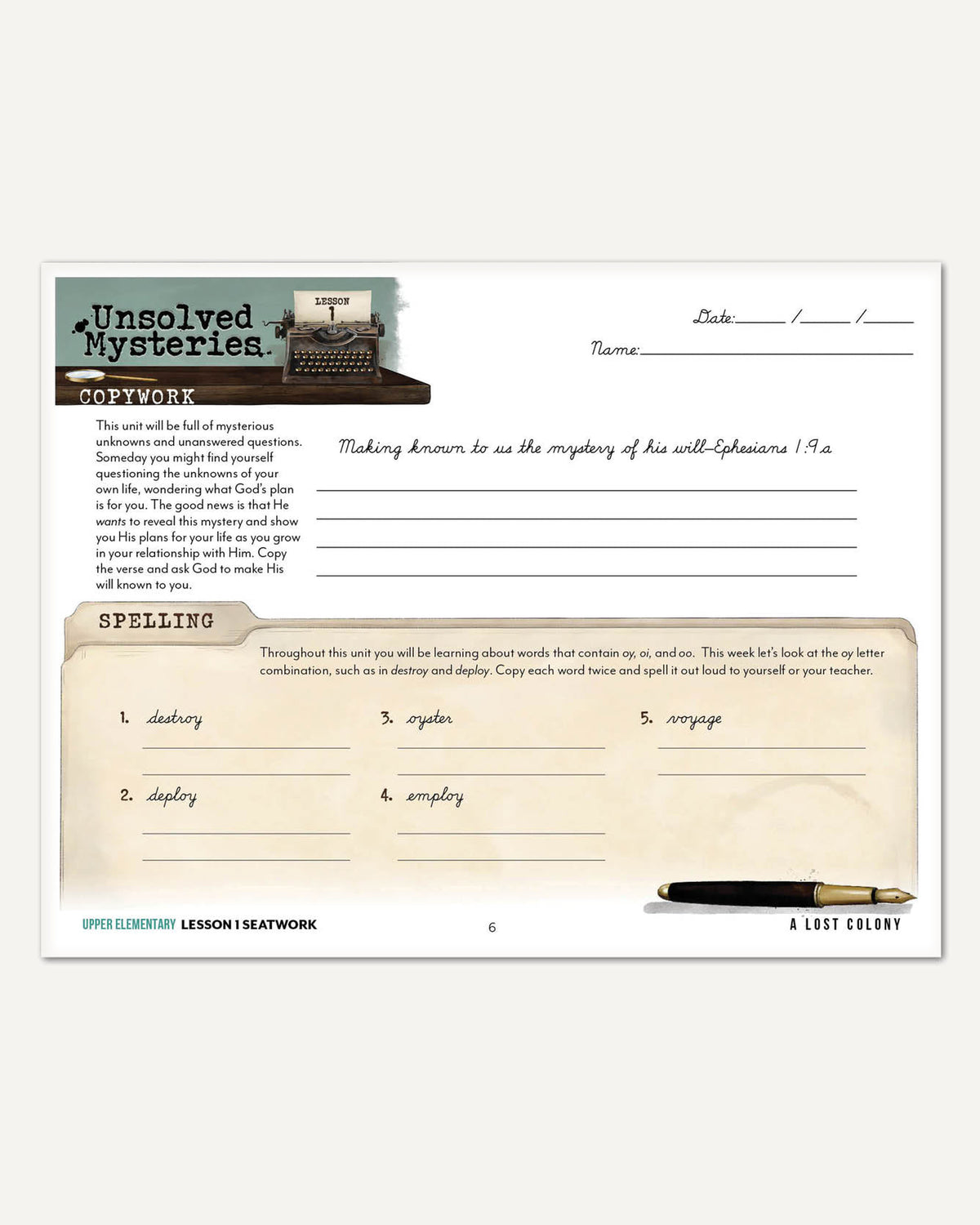 Unsolved Mysteries Homeschool Unit Study Printed Seatwork Journal Cursive Upper Elementary Lesson 1 Copywork and Spelling
