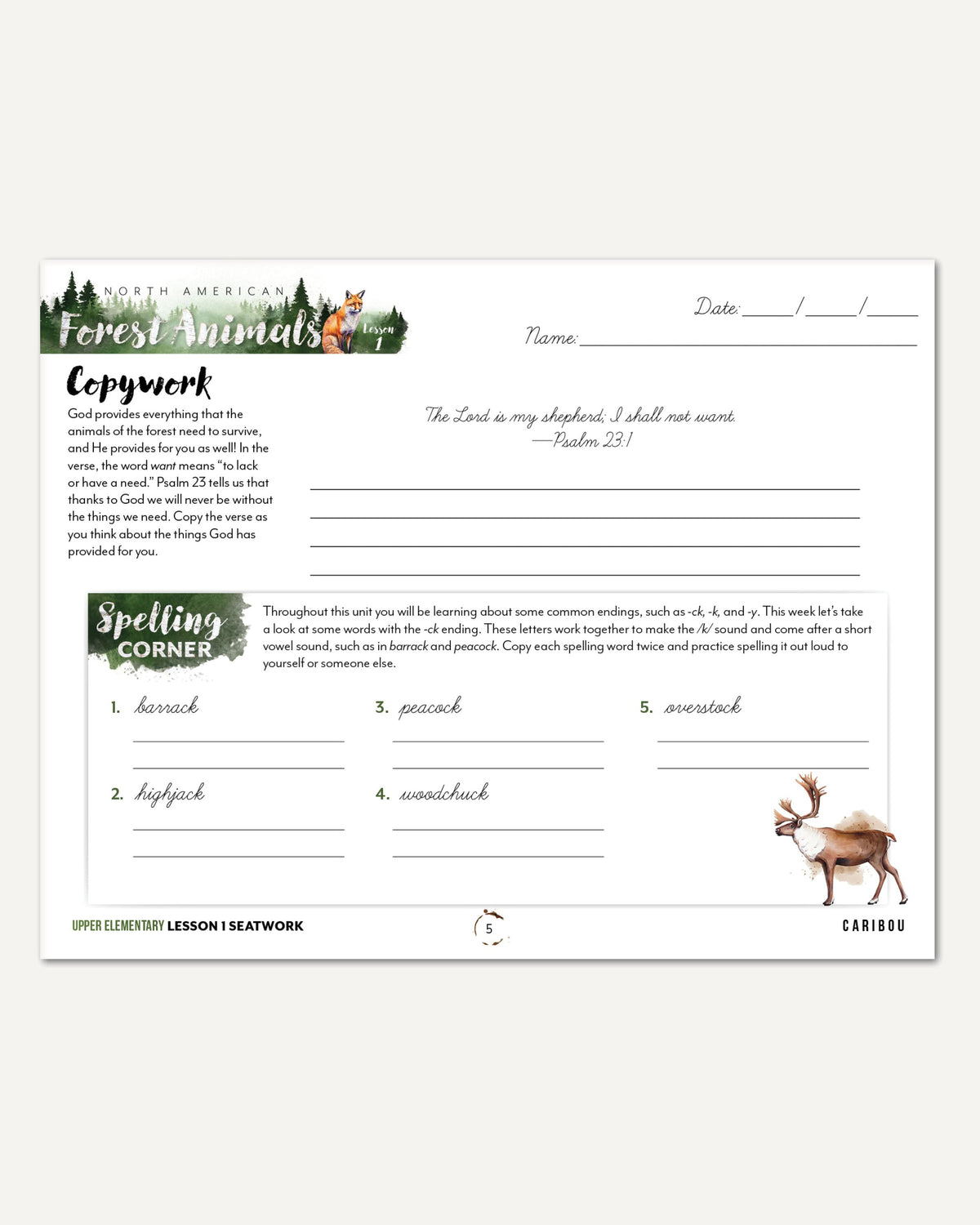 North American Forest Animals homeschool unit study digital student seatwork journal in cursive for upper elementary lesson one