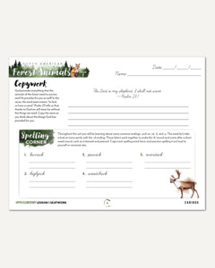 North American Forest Animals homeschool unit study digital student seatwork journal in cursive for upper elementary lesson one