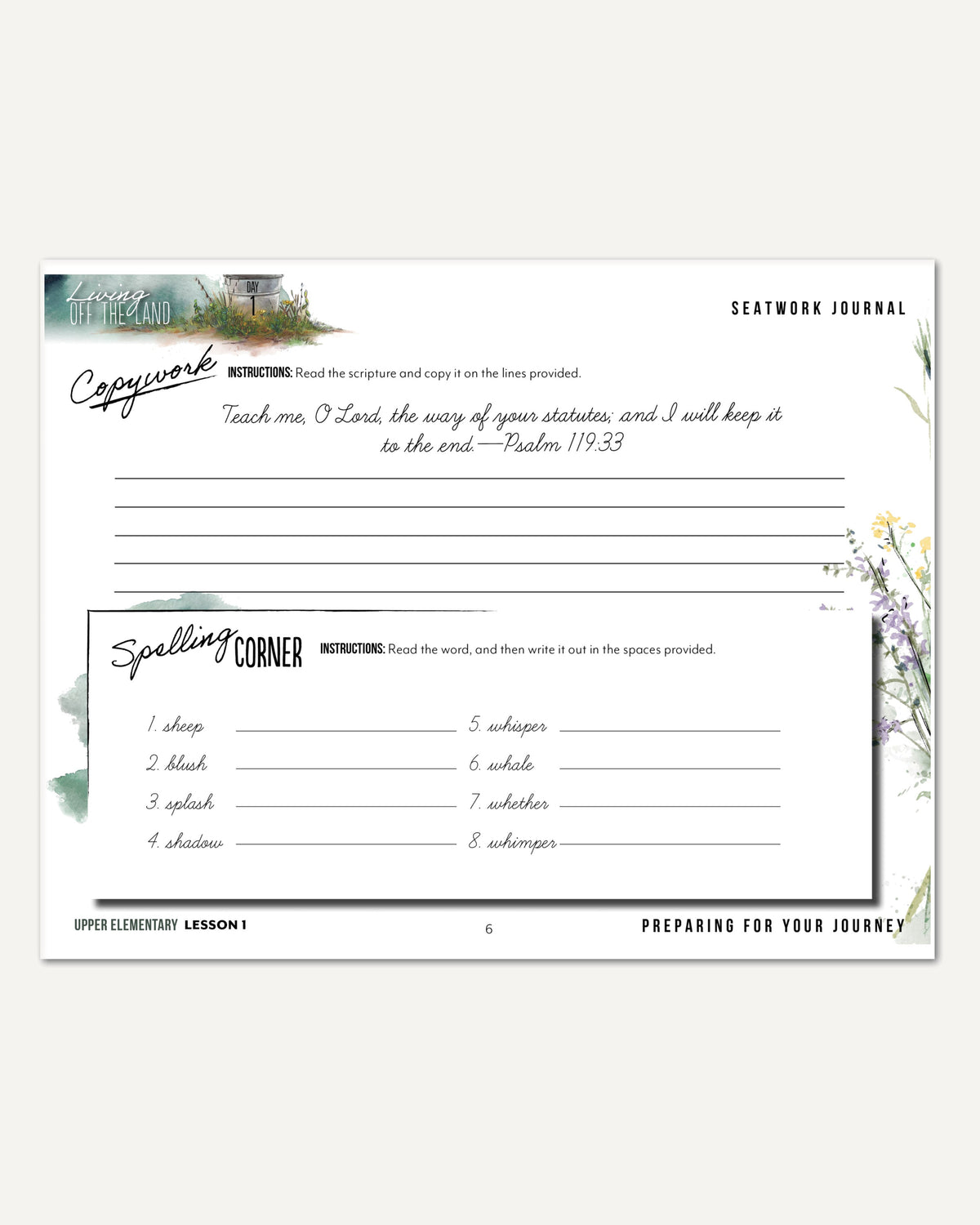 Living Off the Land homeschool unit seatwork journal digital Upper Elementary student notebook in cursive lesson one