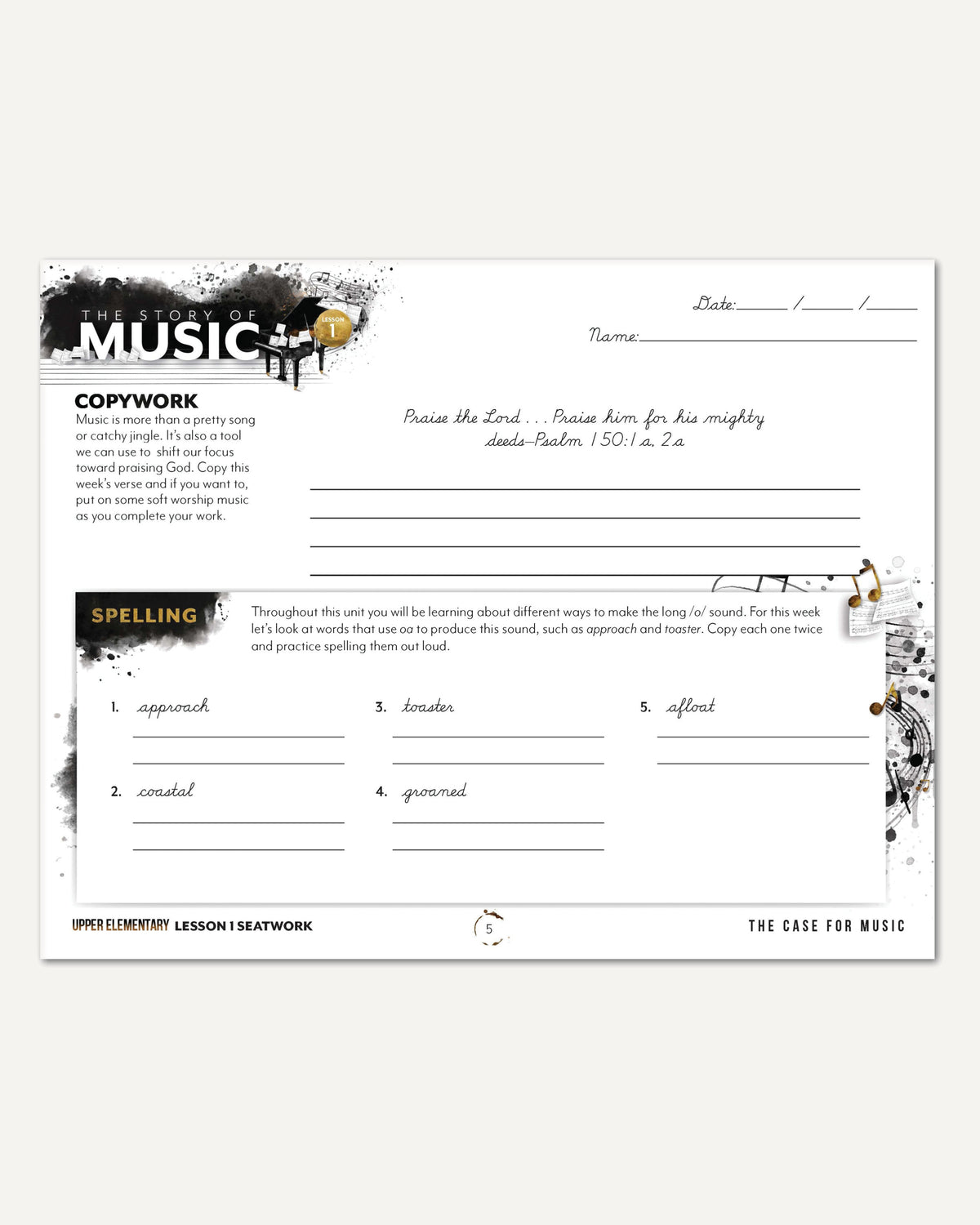 Music homeschool unit study digital student seatwork journal in cursive for upper elementary lesson one