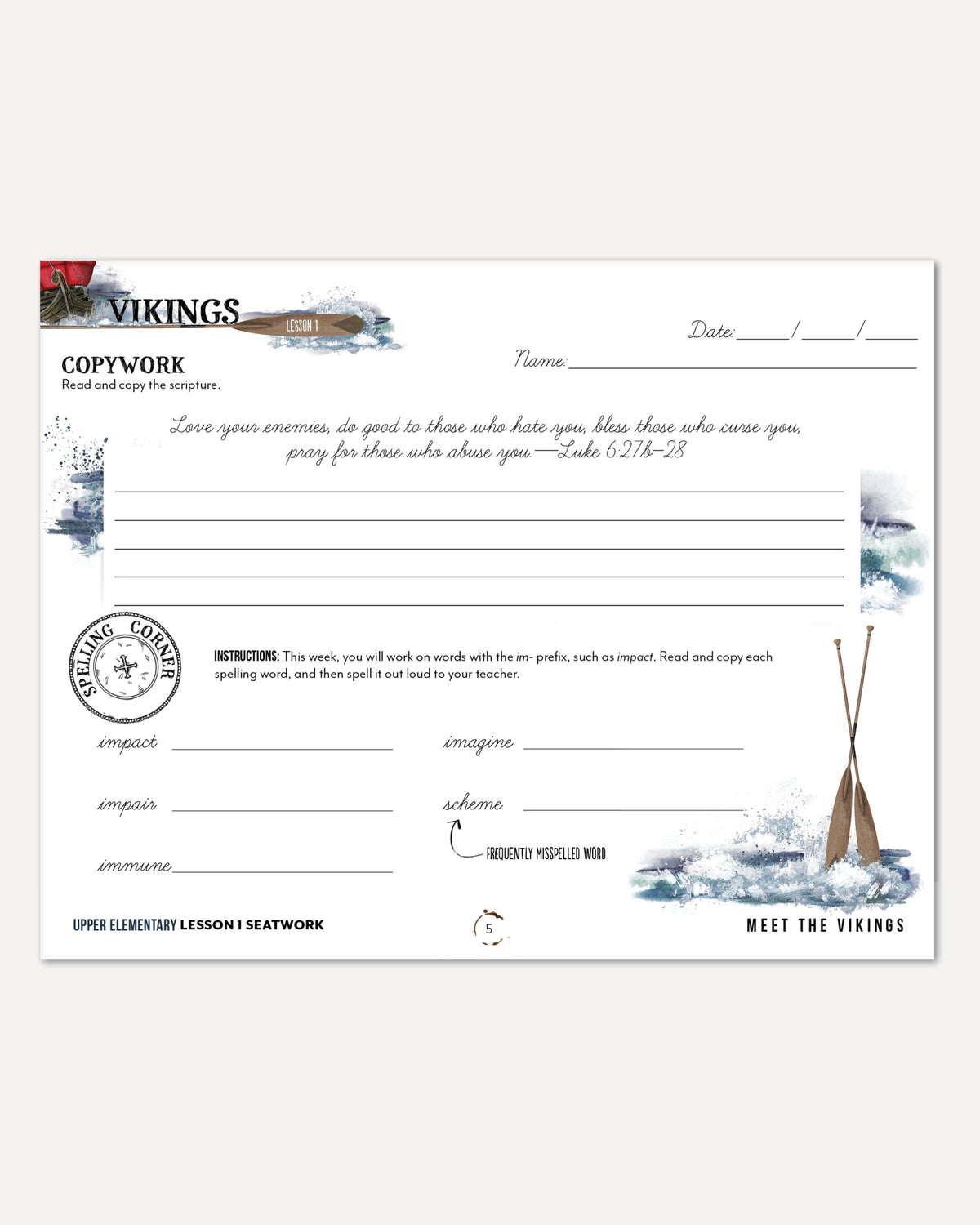 Vikings Homeschool Unit Study Digital Seatwork Journal Manuscript Early Elementary Lesson 1 Copywork and Spelling