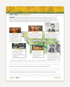 Level 3 Student Book sheet titled "The Way of American Genius," featuring information about wind power, J.C. Penney, Walk Disney, Pony Express, sliced bread, and Mark Twain. 
