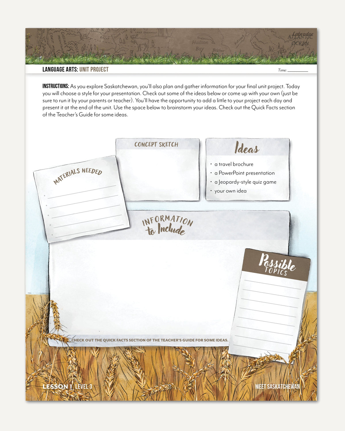 A unit project sheet for language arts, featuring text instructions, sample labeled cards such as 'Materials Needed,' 'Concept Sketch,' 'Ideas,' and 'Information to Include,' plus decorative brown and beige border graphics.