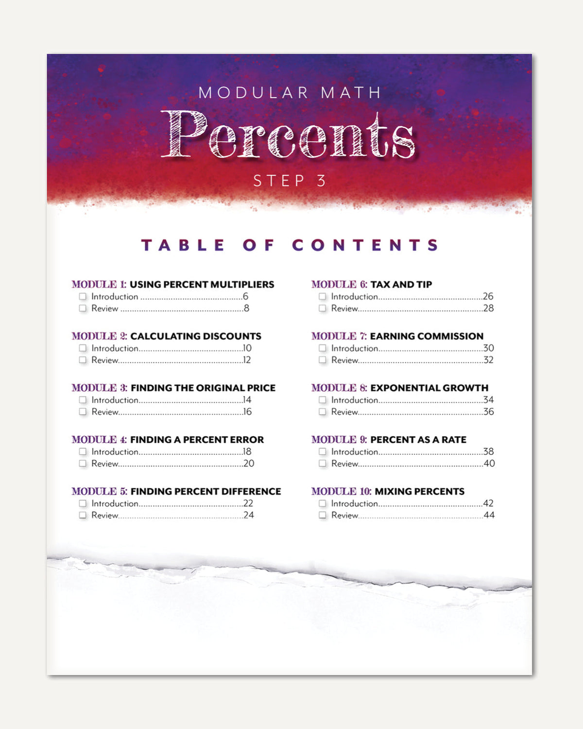 Table of contents page for a modular math curriculum titled 'Percents Step 3,' with a purple-to-white gradient header and black text listing modules on a white background with a torn-paper effect at the bottom.