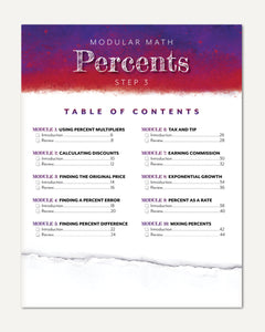 Table of contents page for a modular math curriculum titled 'Percents Step 3,' with a purple-to-white gradient header and black text listing modules on a white background with a torn-paper effect at the bottom.