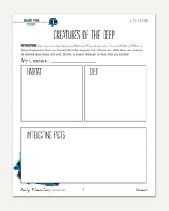 Oceans homeschool unit study digital student workbook for early elementary with teacher's guide combo creatures of the deep
