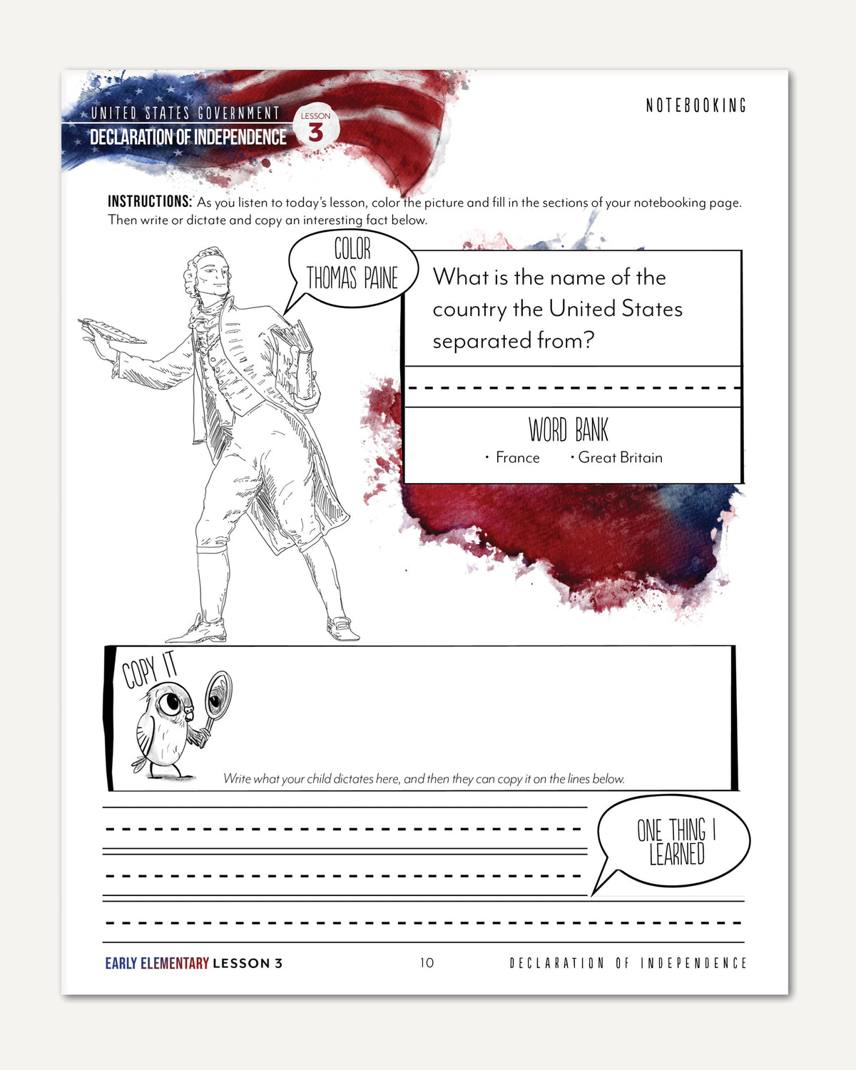 US Government Homeschool Study Unit Digital Printed Early Elementary Student Book Lesson 3 Notebooking