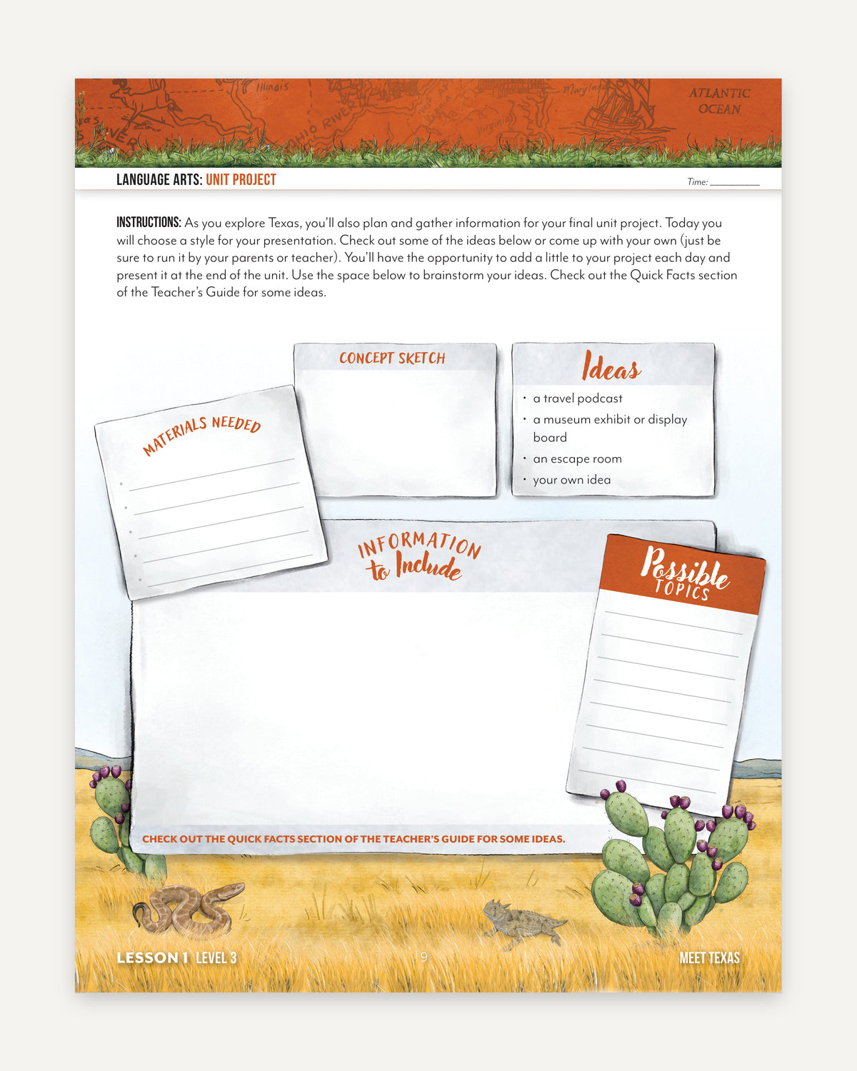 An educational language arts educational page titled 'Unit Project' with printed instructions, sample sketch boxes, and possible topics, shown on a white background.
