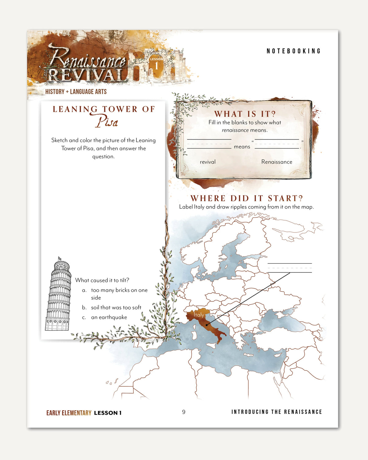 Renaissance and Revival Homeschool Unit Study Printed Digital Early Elementary Student Book Lesson 1 Notebooking