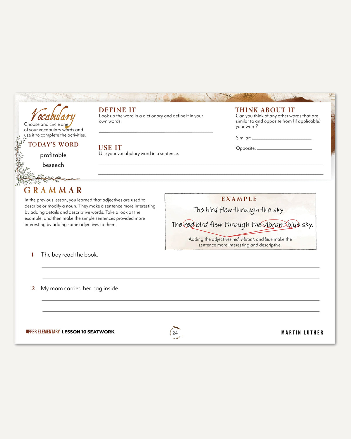 Renaissance and Revival Homeschool Unit Study Digital Seatwork Journal Manuscript Upper Elementary Lesson 10 Vocabulary and Grammar