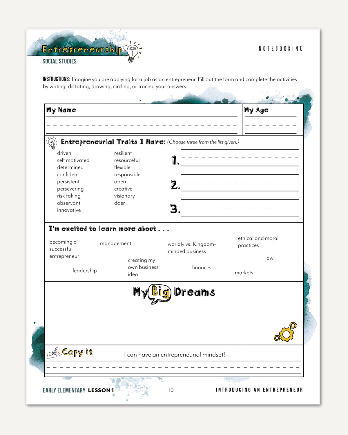 Entrepreneurship Homeschool Unit Study Digital Early Elementary Student Book Lesson 1 Notebooking