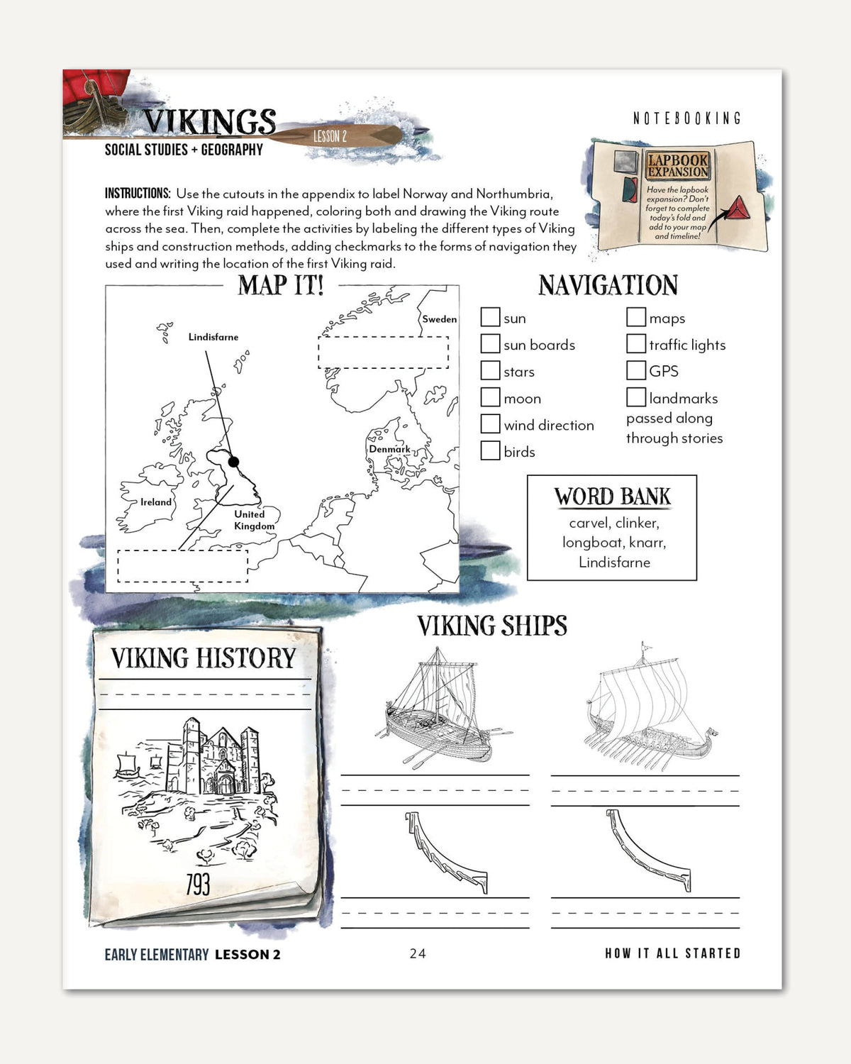 Vikings Homeschool Unit Study Digital Early Elementary Student Book Lesson 1 Notebooking