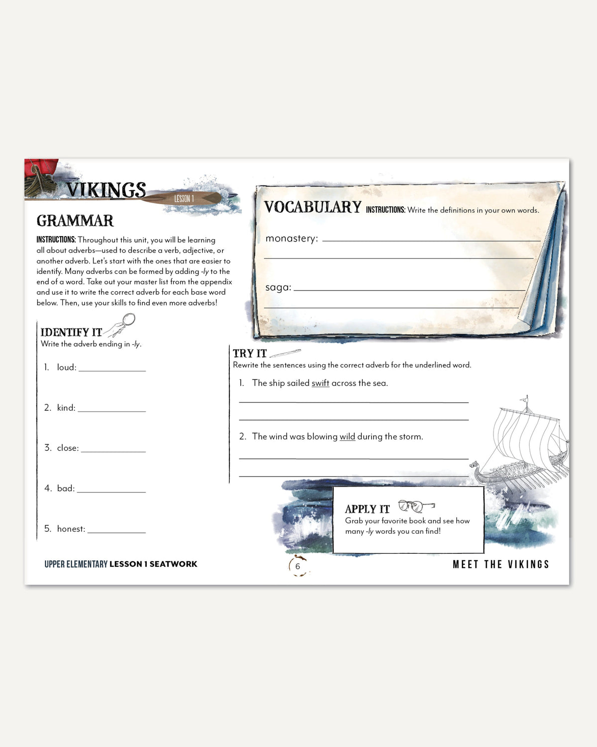 Vikings Homeschool Unit Study Digital Seatwork Journal Manuscript Upper Elementary Lesson 1 Grammar and Vocabulary