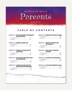 Table of contents page for a modular math curriculum titled 'Percents Step 4,' with a purple-to-white gradient header and black text listing modules on a white background with a torn-paper effect at the bottom.