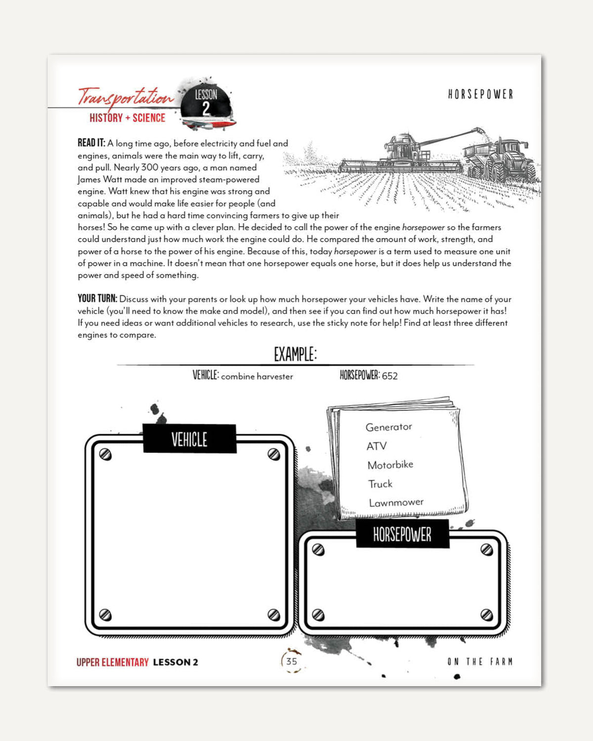 Transportation Homeschool Unit Study Digital Upper Elementary Student Book Lesson 2 Horsepower