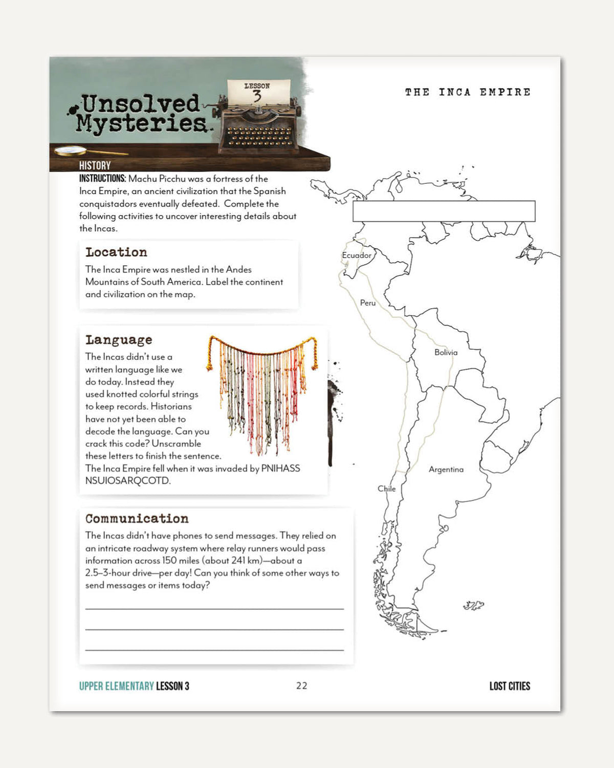 Unsolved Mysteries Homeschool Unit Study Printed Upper Elementary Student Book Lesson 3 The Inca Empire