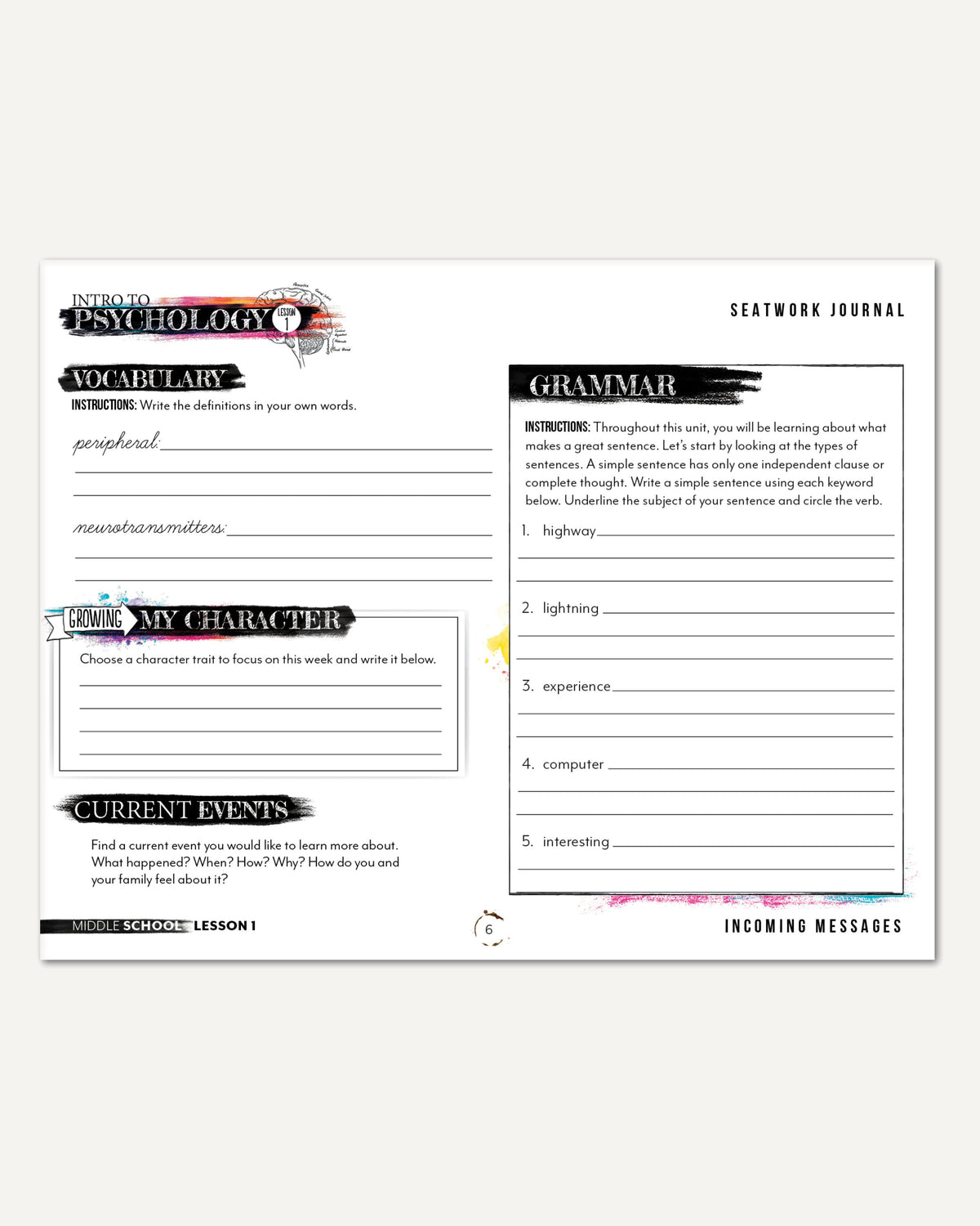 Psychology homeschool unit study digital student seatwork  journal cursive in middle school worksheet