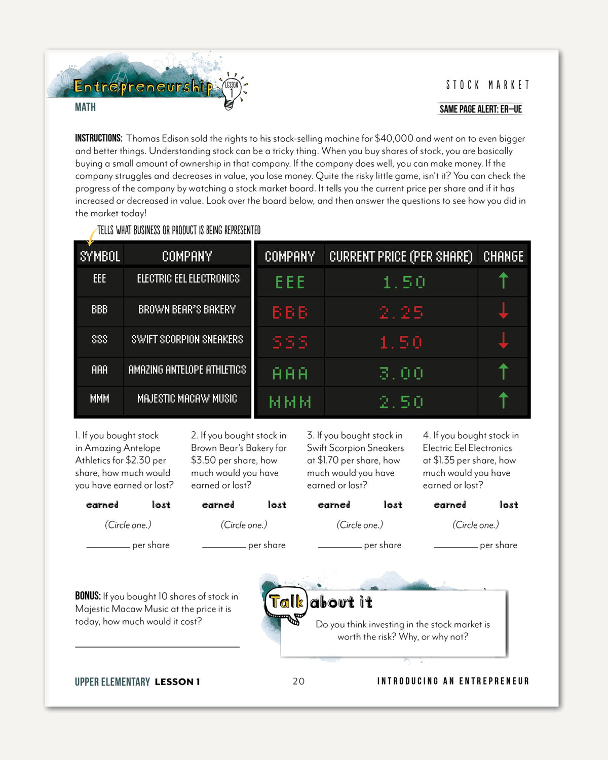 Entrepreneurship Homeschool Unit Study Digital Upper Elementary Student Book Lesson 1 Stock Market