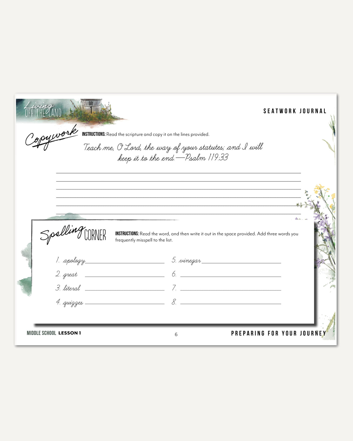 Living Off the Land homeschool unit seatwork journal digital Middle School student notebook in cursive lesson one