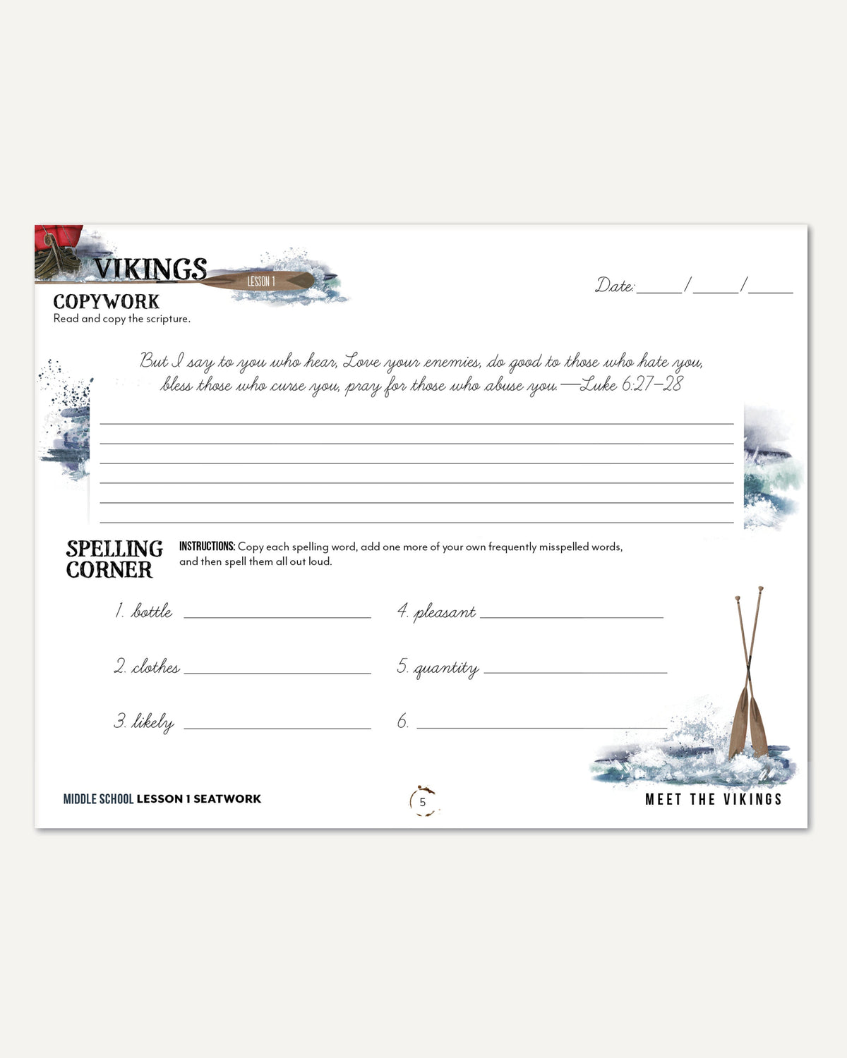 Vikings Homeschool Unit Study Digital Seatwork Journal Cursive Middle School Lesson 1 Copywork and Spelling